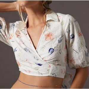 Anthropologie Maeve Wrap Eyelet Lace Top - White with Seashell Print New!